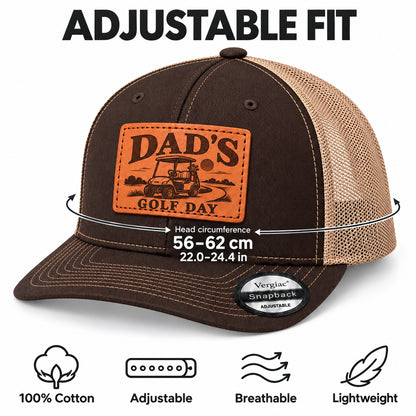 Dad's Golf Day Golf Cart Graphic Leather Patch Trucker Hat
