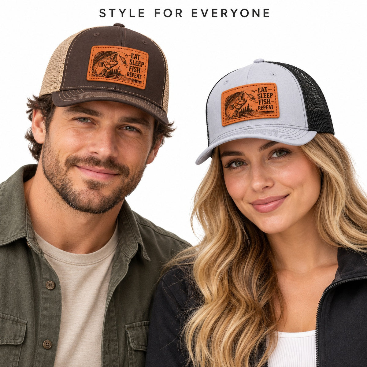 Eat Sleep Fish Repeat Leather Patch Trucker Hat