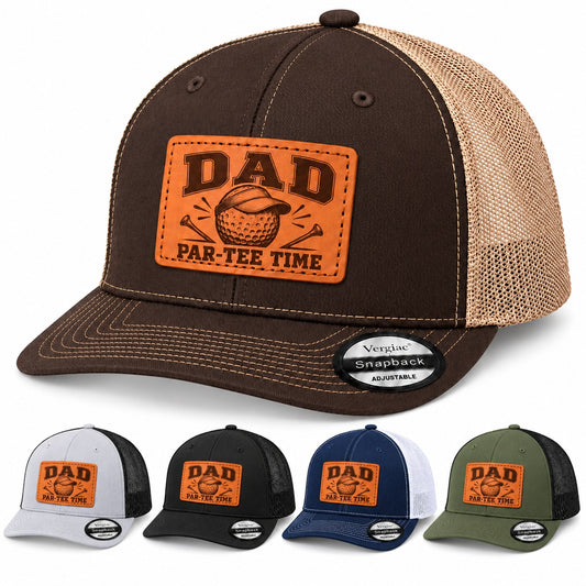 Dad Par-tee Time Golf Ball And Tee Graphic Leather Patch Trucker Hat