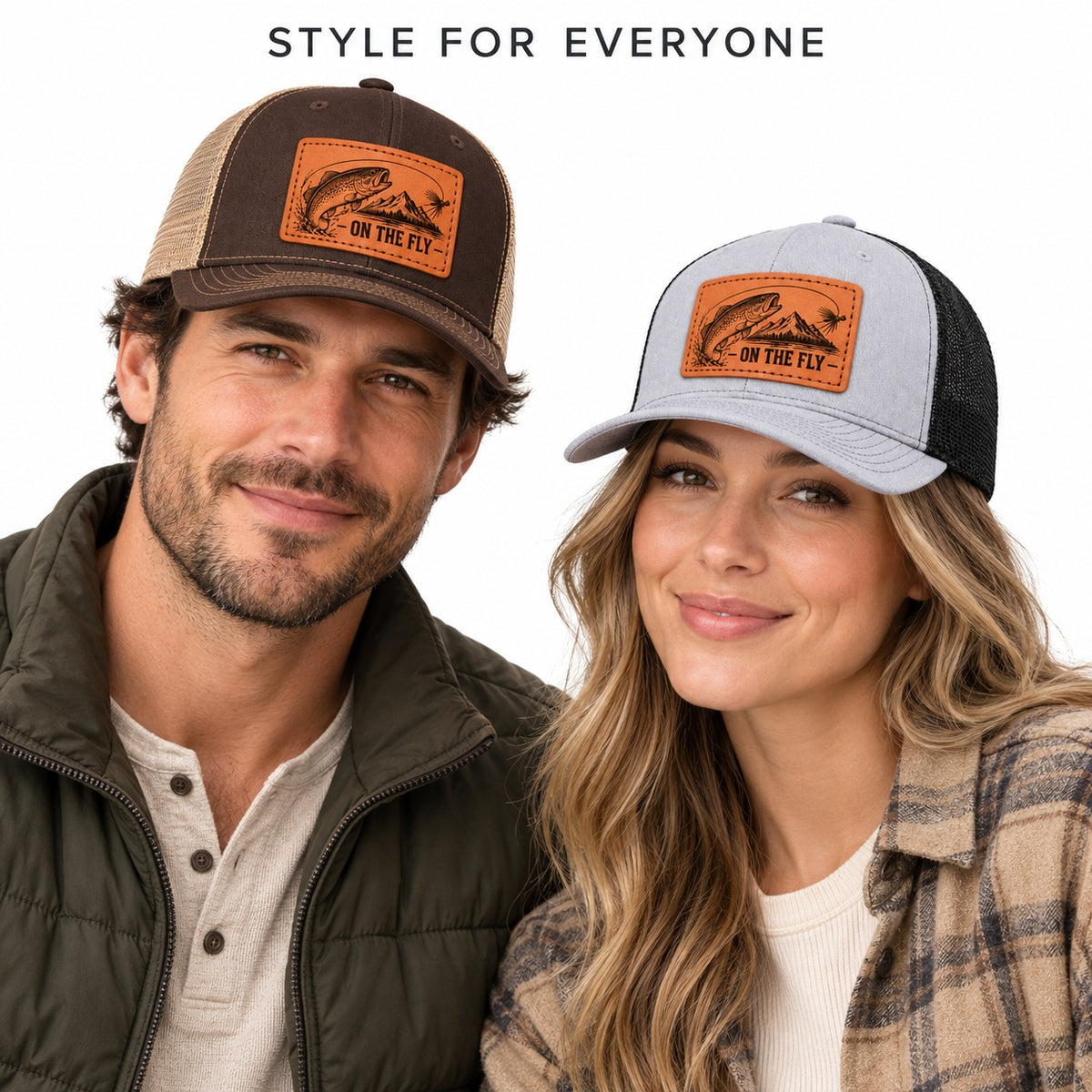 On The Fly Trout Fly Fishing Graphic Leather Patch Trucker Hat