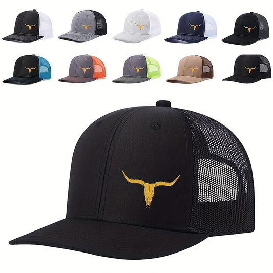 [Breathable Mesh Cap] Outdoor Sports Breathable Mesh Cap, Bull Head Print Peaked Cap, Adjustable Couple Hat Trucker Hat