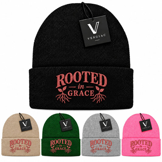 A ROOTED in GRACE Embroidered Acrylic Knitted Hat Unisex High Elasticity High Gram Weight Warm and Comfortable