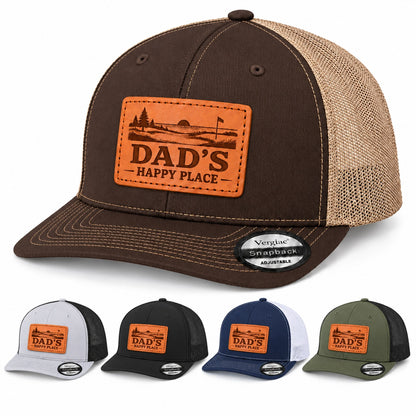 Dad's Happy Place Sunset Golf Course Graphic Leather Patch Trucker Hat