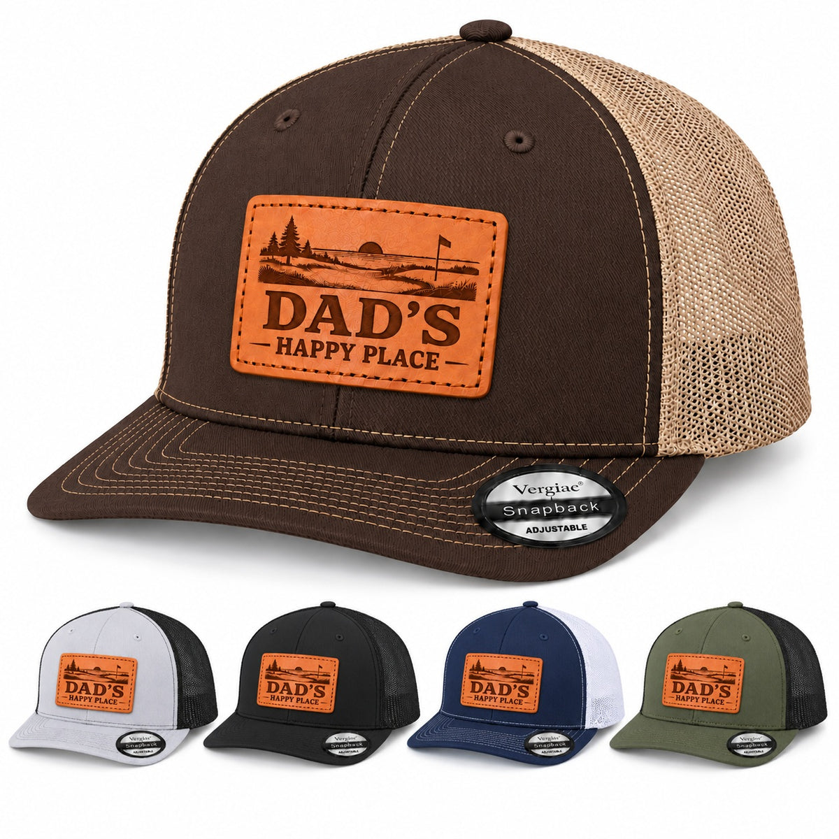 Dad's Happy Place Sunset Golf Course Graphic Leather Patch Trucker Hat