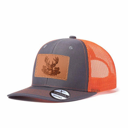 Elk Among Flowers Leather Patch Baseball Cap, Men's Breathable Adjustable Mesh Trucker Hat for Outdoor and Travel Wear