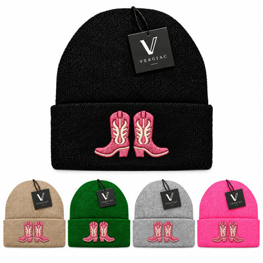 A Pink Cowboy Boots Embroidered Acrylic Knitted Hat Unisex High Elasticity High Gram Weight Warm and Comfortable