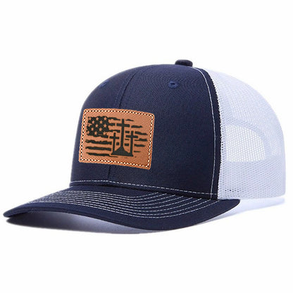 Us Flag Cross Leather Patch Trucker Hat