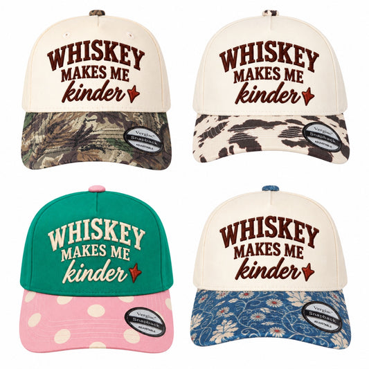WHISKEY MAKES ME KINDER Star and Letter Embroidered 5-Panel Cotton Trucker Hat with Printed Brim and Structured Front, Adjustable Unisex Baseball Cap, 1 Piece