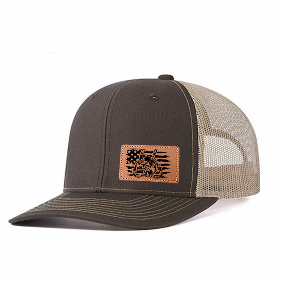 Fishing-themed Leather Patch Trucker Hat