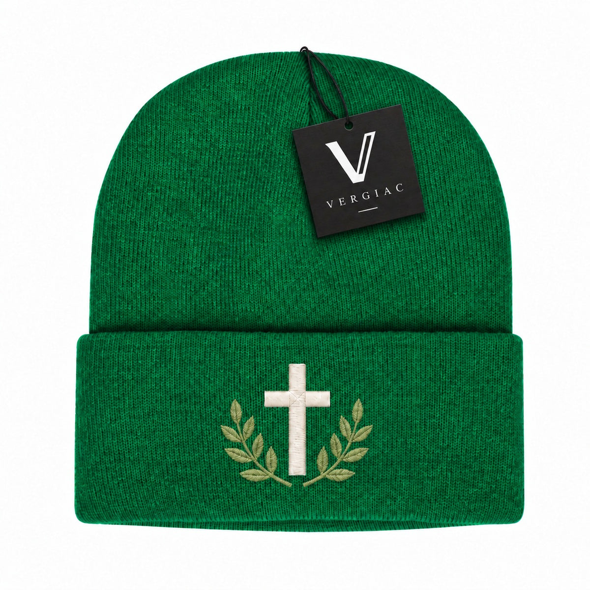A Cross and Olive Branches Embroidered Acrylic Knitted Hat Unisex High Elasticity High Gram Weight Warm and Comfortable