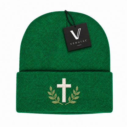 A Cross and Olive Branches Embroidered Acrylic Knitted Hat Unisex High Elasticity High Gram Weight Warm and Comfortable