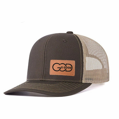 God Is Good Leather Patch Trucker Hat