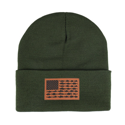 American Flag Leather Patch Beanie