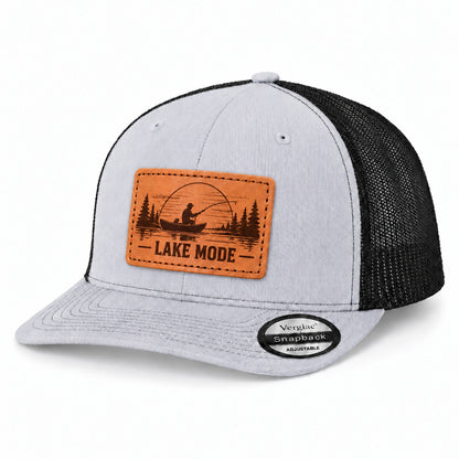 Lake Mode Lake Fishing Graphic Leather Patch Trucker Hat