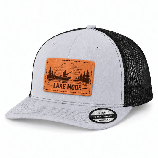 Lake Mode Lake Fishing Graphic Leather Patch Trucker Hat