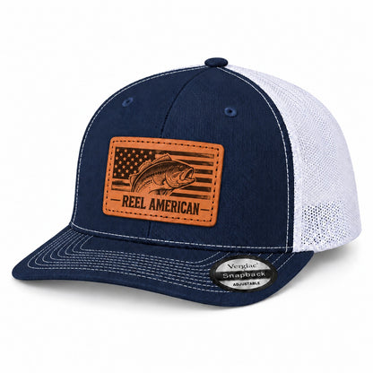 Reel American American Flag And Bass Graphic Leather Patch Trucker Hat