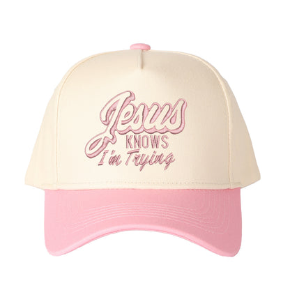 Jesus Knows I'm Trying Embroidered Trucker Hat