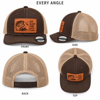 Eat Sleep Fish Repeat Leather Patch Trucker Hat