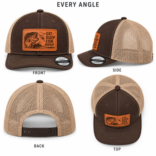 Eat Sleep Fish Repeat Leather Patch Trucker Hat