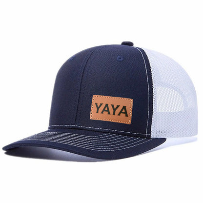 YAYA Leather Patch Embroidered Color Block Trucker Hat Unisex Adjustable Cotton Breathable Fashion Cap for Travel Daily Wear