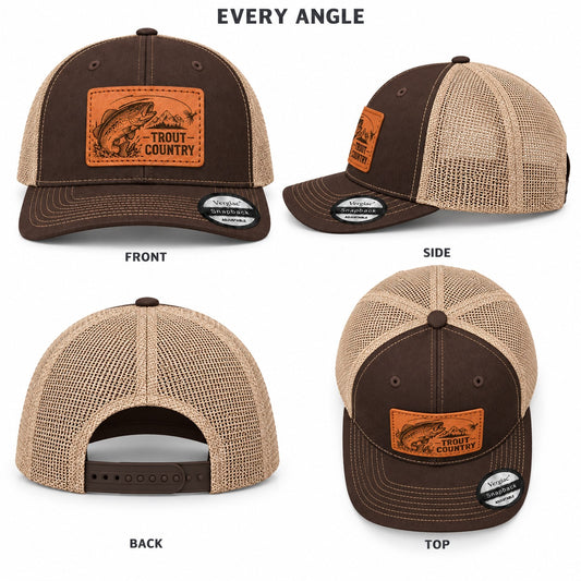 TROUT COUNTRY Trout and Mountain Graphic Leather Patch Vintage Baseball Cap, Structured Mesh Trucker Hat, Adjustable Breathable Unisex Outdoor Cap in Multiple Colors