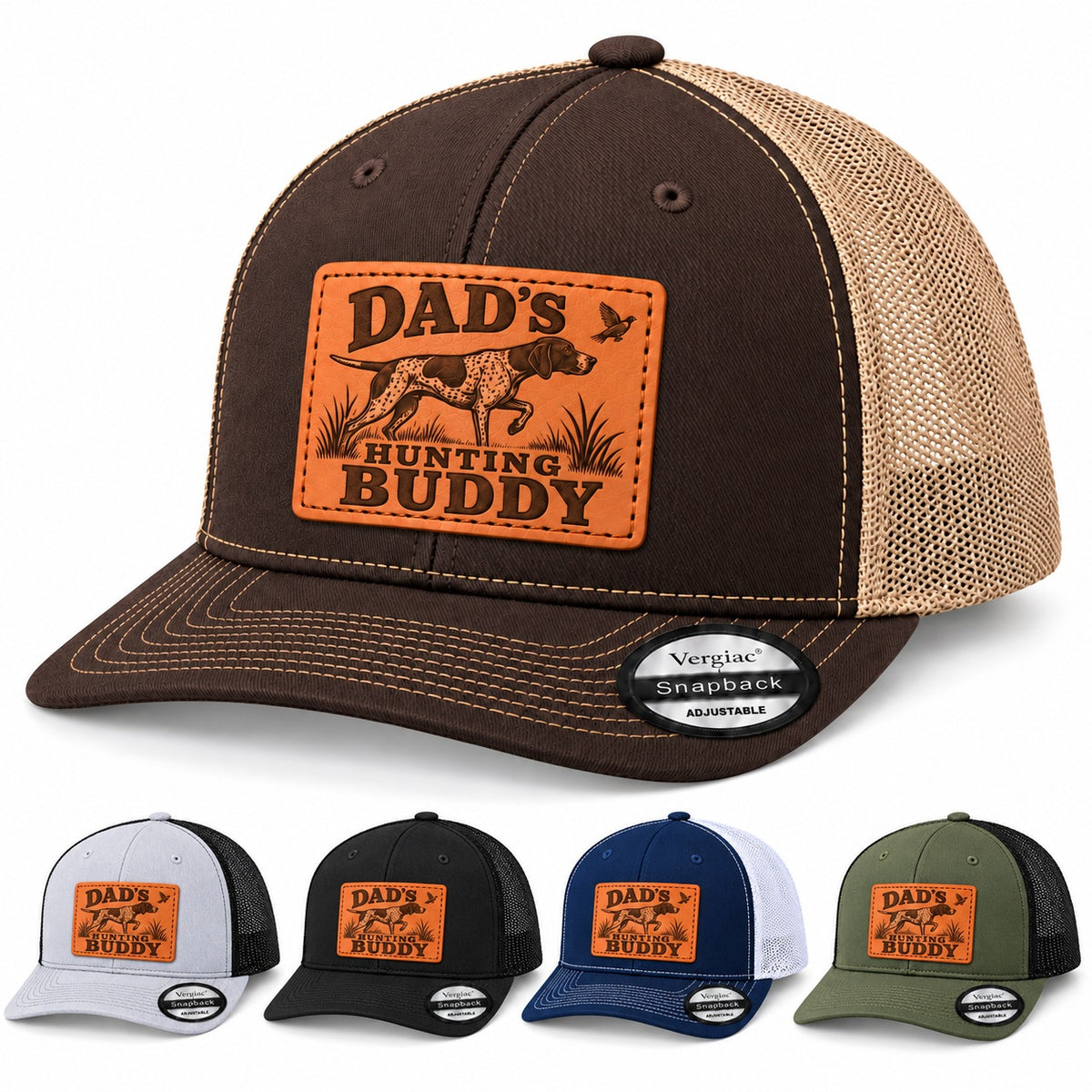 Dad's Hunting Buddy Hunting Dog And Bird Graphic Leather Patch Trucker Hat