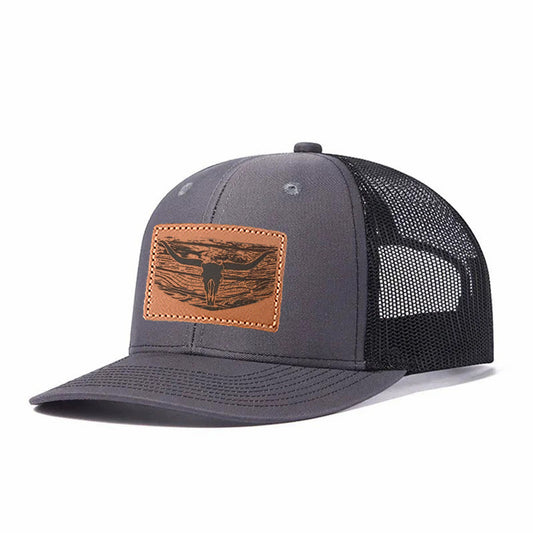 Texas Longhorn Bull Skul Western Cowboy Leather Patch Embroidered Color Block Trucker Hat Unisex Adjustable Cotton Breathable Fashion Cap for Travel Daily Wear