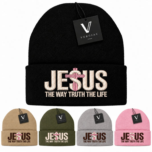 A JESUS Embroidered Acrylic Knitted Hat Unisex High Elasticity High Gram Weight Warm and Comfortable