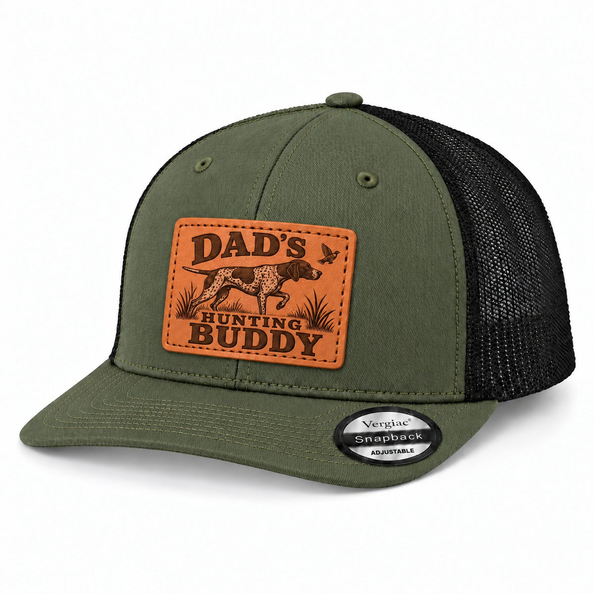 Dad's Hunting Buddy Hunting Dog And Bird Graphic Leather Patch Trucker Hat