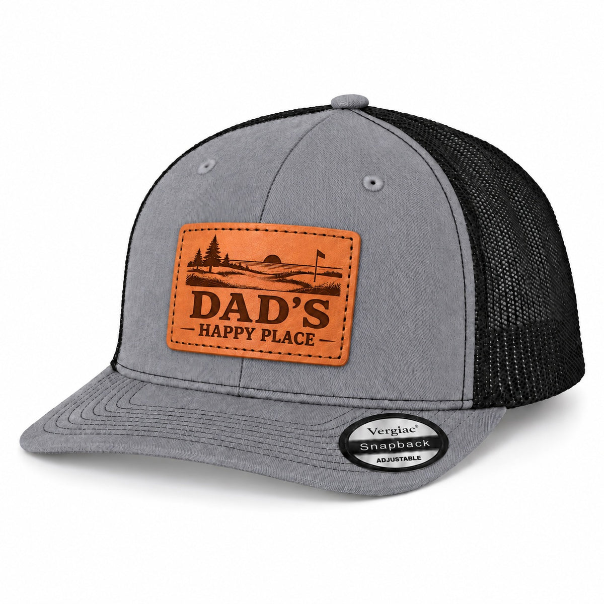 Dad's Happy Place Sunset Golf Course Graphic Leather Patch Trucker Hat
