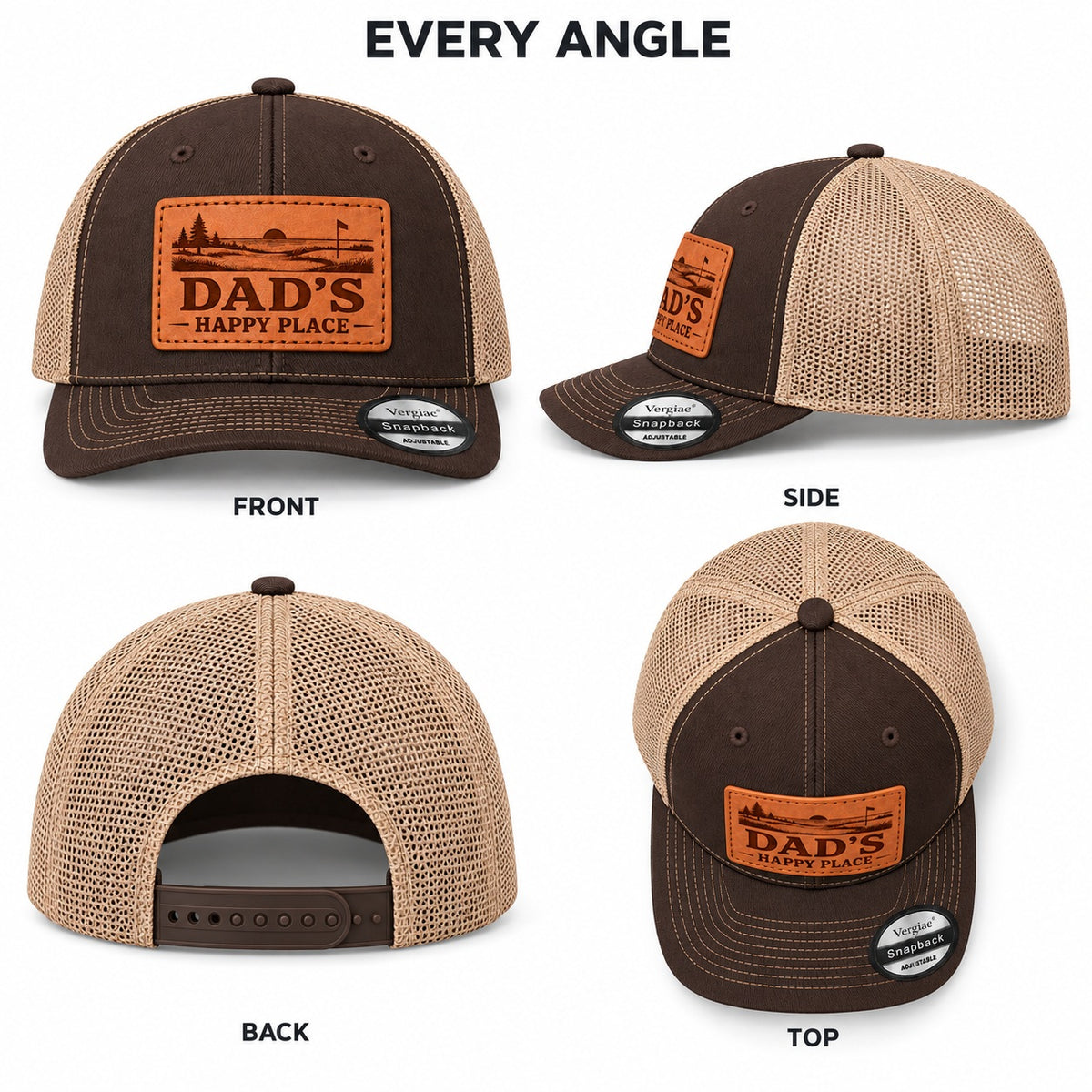 Dad's Happy Place Sunset Golf Course Graphic Leather Patch Trucker Hat