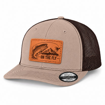 On The Fly Trout Fly Fishing Graphic Leather Patch Trucker Hat