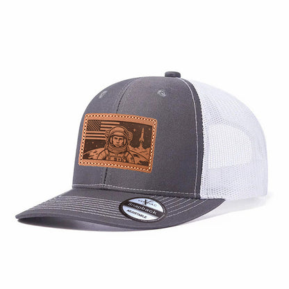 American Astronaut and Rocket Leather Patch Baseball Cap, Men's Breathable Adjustable Mesh Trucker Hat for Outdoor and Travel Wear