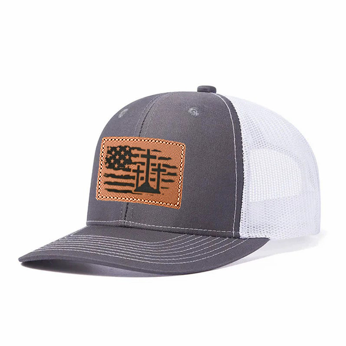 Us Flag Cross Leather Patch Trucker Hat