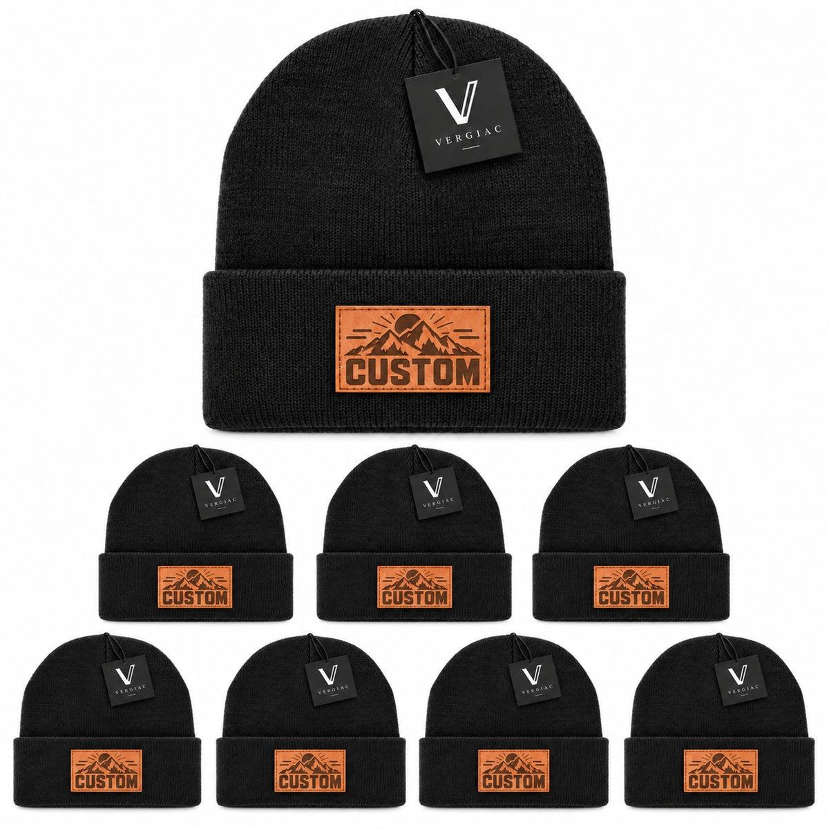 Custom Leather Patch Knit Beanies (8-Pack)