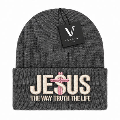 A JESUS Embroidered Acrylic Knitted Hat Unisex High Elasticity High Gram Weight Warm and Comfortable