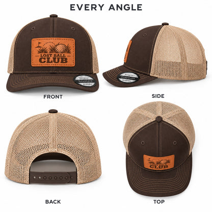 Lost Ball Club Golf Graphic Leather Patch Trucker Hat