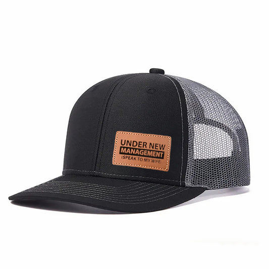 UNDER NEW MANAGEMENT (SPEAK TO MY WIFE) Letter Leather Patch Embroidered Color Block Trucker Hat Unisex Adjustable Cotton Breathable Fashion Cap for Travel Daily Wear