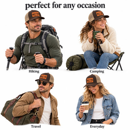 Lake Life Lakeside Chair And Mountain Graphic Leather Patch Trucker Hat