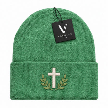 A Cross and Olive Branches Embroidered Acrylic Knitted Hat Unisex High Elasticity High Gram Weight Warm and Comfortable