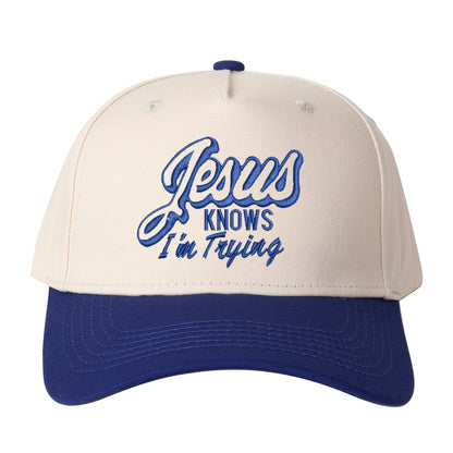 Jesus Knows I'm Trying Embroidered Trucker Hat