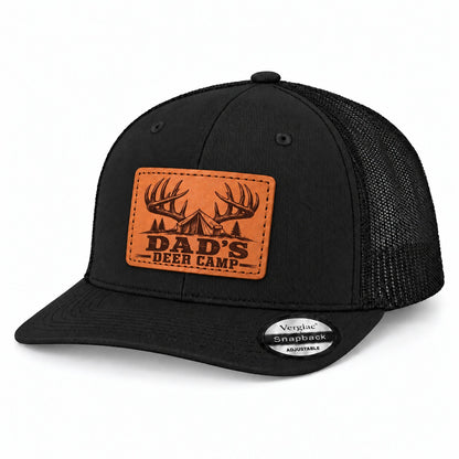 Dad's Deer Camp Antler And Tent Graphic Leather Patch Trucker Hat