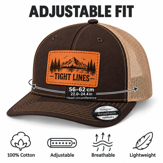 TIGHT LINES Mountain, Forest and Lake Graphic Leather Patch Vintage Baseball Cap, Structured Mesh Trucker Hat, Adjustable Breathable Unisex Outdoor Cap in Multiple Colors