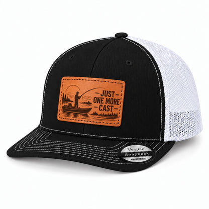 Just One More Cast Boat And Fishing Cast Graphic Leather Patch Trucker Hat