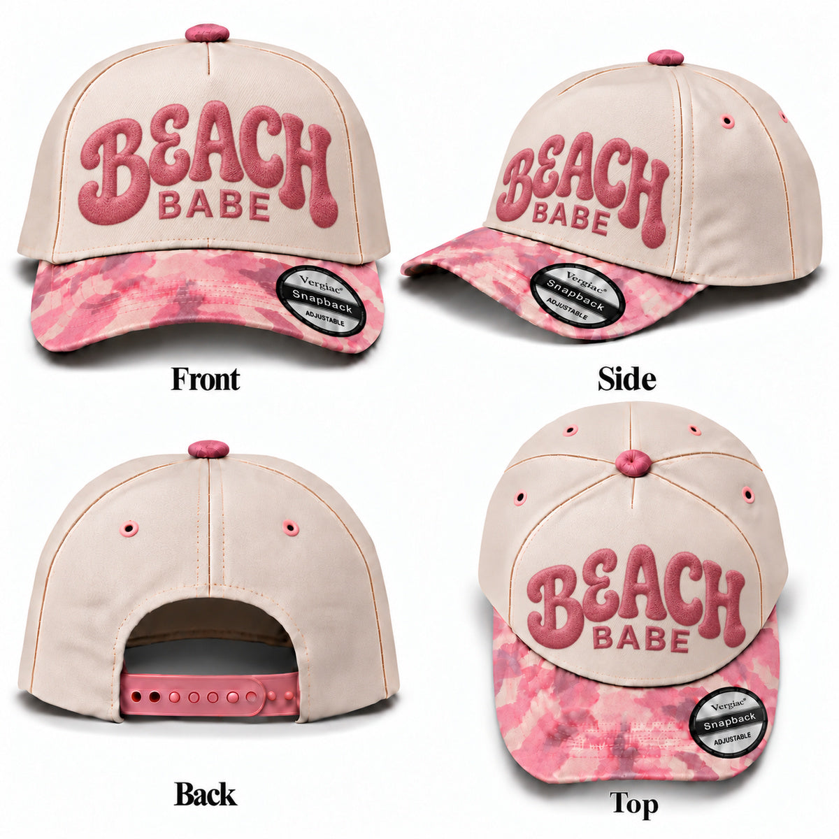 BEACH BABE Beach-Themed Letter Embroidered 5-Panel Cotton Trucker Hat with Printed Brim and Structured Front, Adjustable Unisex Baseball Cap, 1 Piece