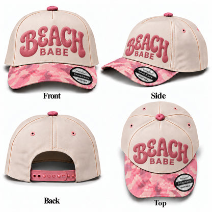 BEACH BABE Beach-Themed Letter Embroidered 5-Panel Cotton Trucker Hat with Printed Brim and Structured Front, Adjustable Unisex Baseball Cap, 1 Piece