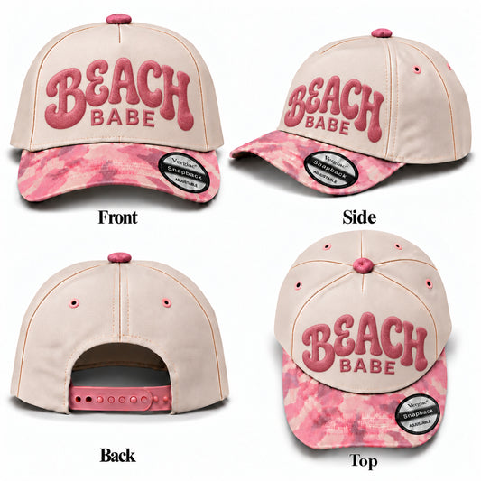 BEACH BABE Beach-Themed Letter Embroidered 5-Panel Cotton Trucker Hat with Printed Brim and Structured Front, Adjustable Unisex Baseball Cap, 1 Piece
