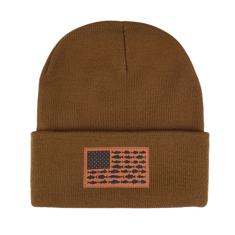 American Flag Leather Patch Beanie