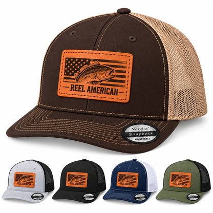 Reel American American Flag And Bass Graphic Leather Patch Trucker Hat