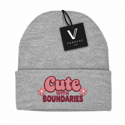 A Cute WITH BOUNDARIES Embroidered Acrylic Knitted Hat Unisex High Elasticity High Gram Weight Warm and Comfortable